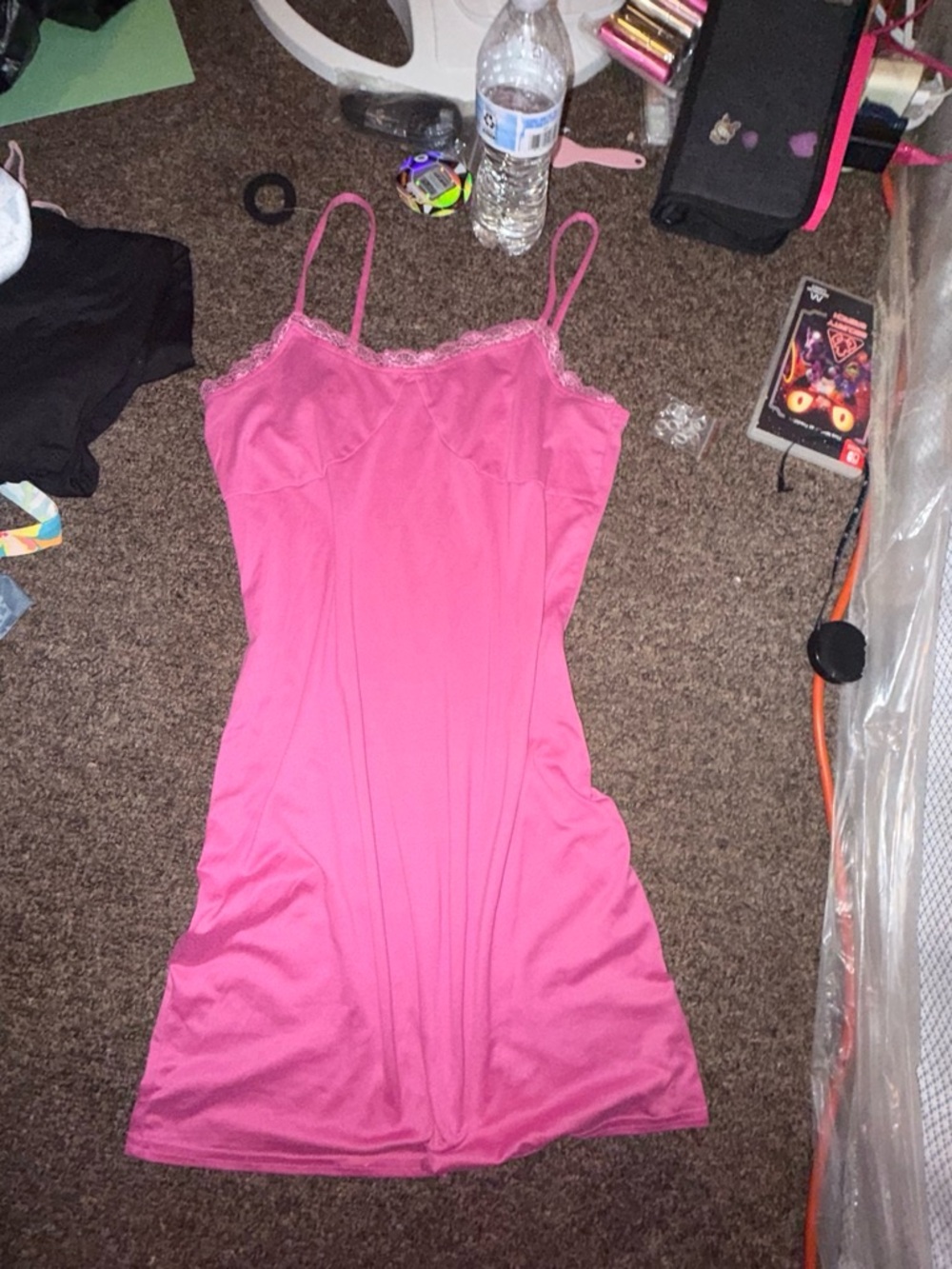 Pink Lace-Trim Satin Slip Dress with Adjustable Spaghetti Straps